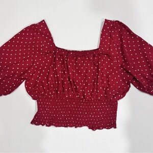 Red Crop Top With White Polka Dots, Puff‎ Sleeves, Ruched Waist, Square Neck. L